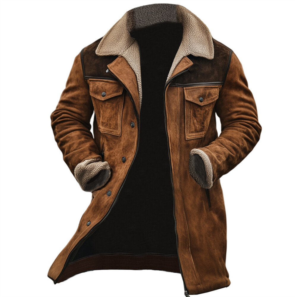Vintage Suede Pocket Plush Reversed Collar Mens Outdoor Jacket